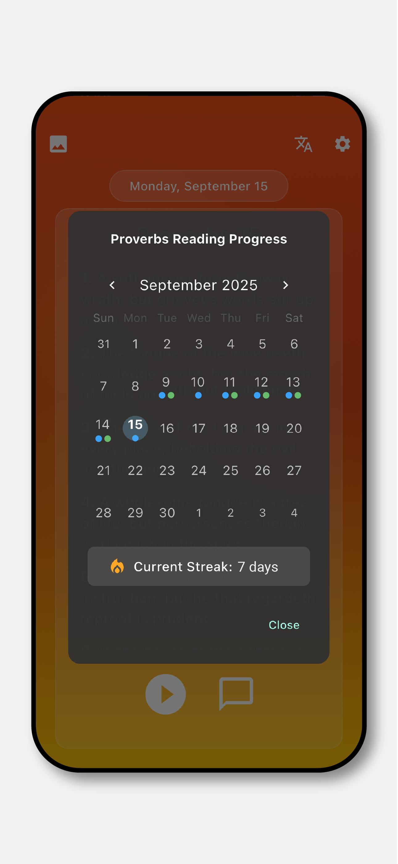 Calendar view showing reading progress and completion status