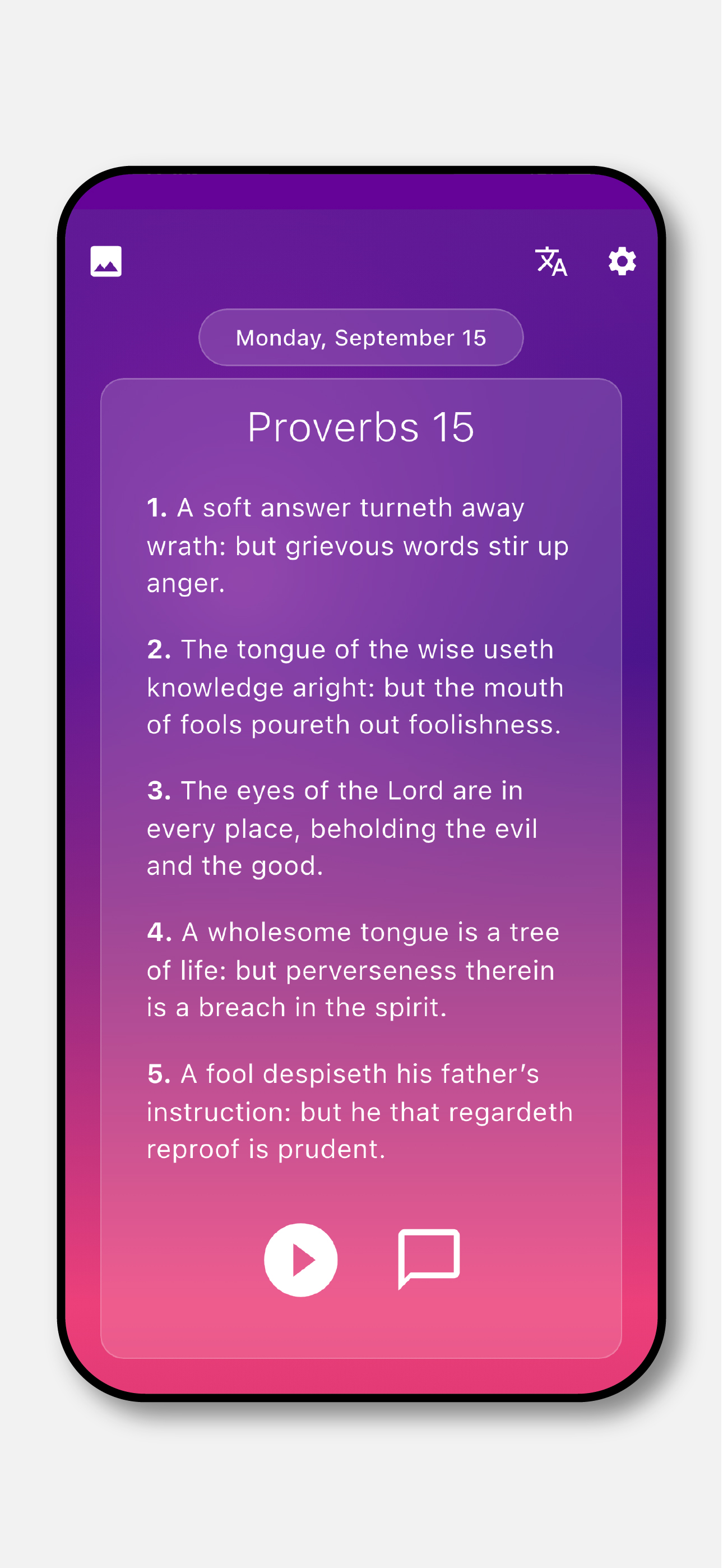 Daily reading interface showing Proverbs chapter with beautiful typography